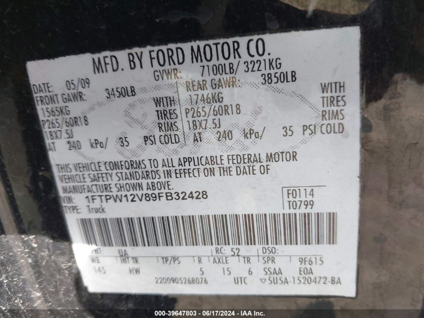 2009 Ford F-150 King Ranch/Lariat/Platinum/Xl/Xlt VIN: 1FTPW12V89FB32428 Lot: 39647803