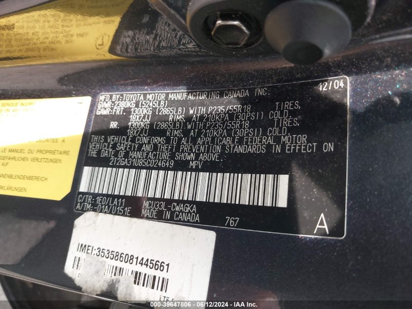 2005 Lexus Rx 330 VIN: 2T2GA31U85C024649 Lot: 39647806