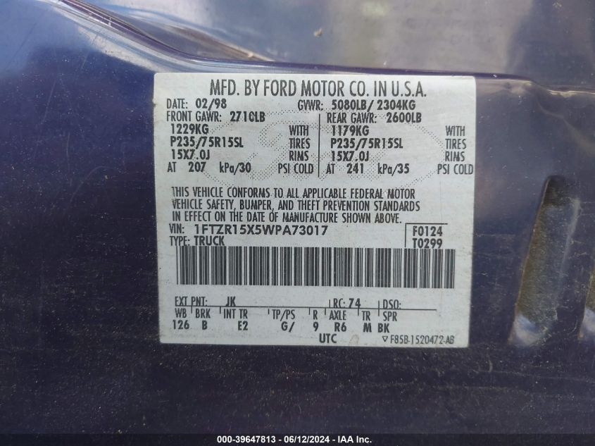 1998 Ford Ranger Splash/Xl/Xlt VIN: 1FTZR15X5WPA73017 Lot: 39647813