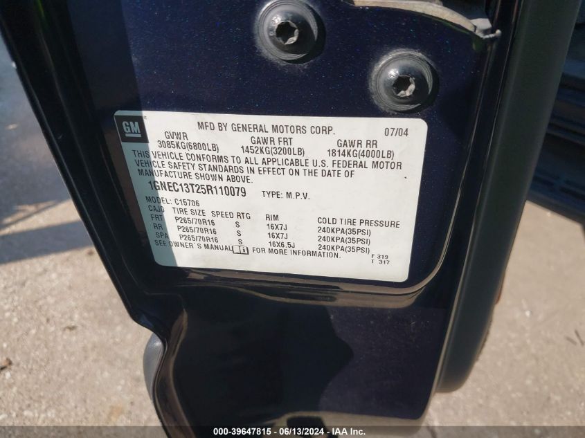 2005 Chevrolet Tahoe Ls VIN: 1GNEC13T25R110079 Lot: 39647815