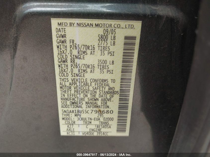 2005 Nissan Pathfinder Se VIN: 5N1AR18U55C790680 Lot: 39647817