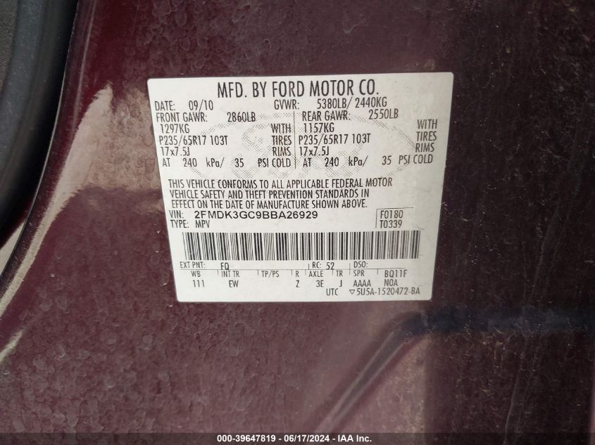 2011 Ford Edge Se VIN: 2FMDK3GC9BBA26929 Lot: 39647819