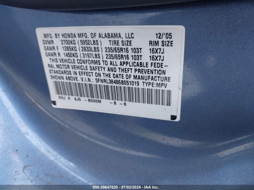 2006 Honda Odyssey Ex VIN: 5FNRL38486B051019 Lot: 39647820