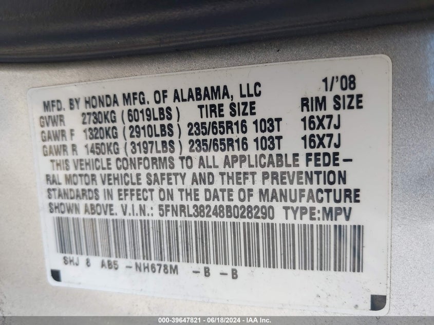 2008 Honda Odyssey Lx VIN: 5FNRL38248B028290 Lot: 39647821