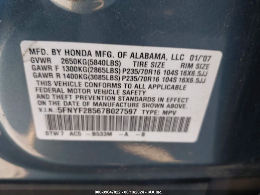 2007 Honda Pilot Ex-L VIN: 5FNYF28567B027597 Lot: 39647822