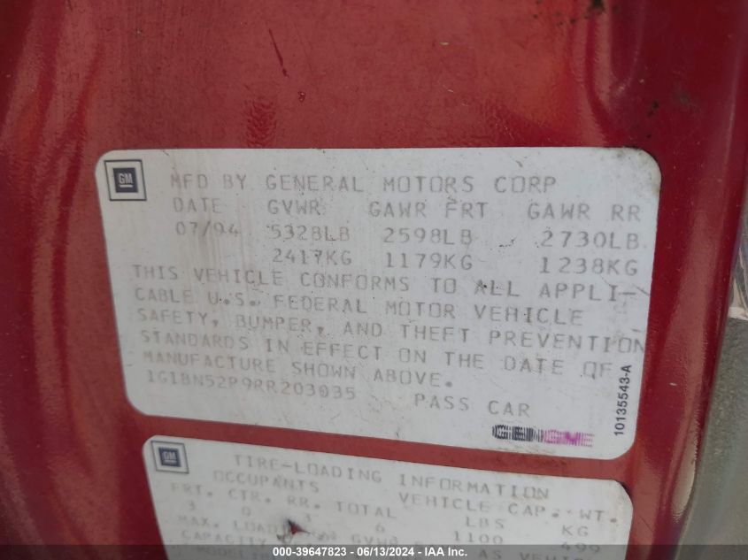 1994 Chevrolet Caprice Classic Ls VIN: 1G1BN52P9RR203035 Lot: 39647823