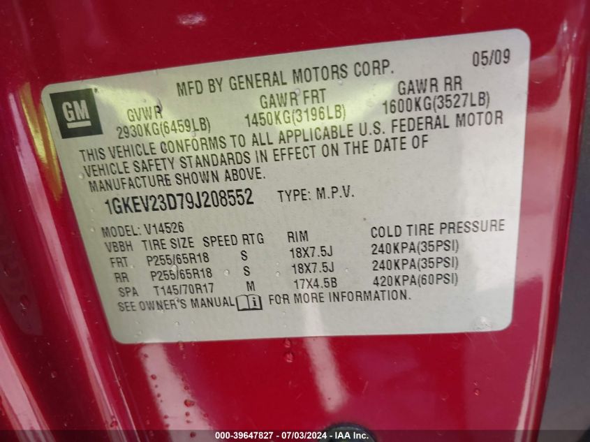 2009 GMC Acadia Slt-1 VIN: 1GKEV23D79J208552 Lot: 39647827