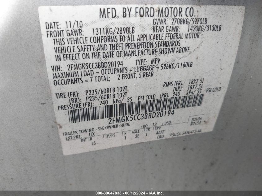 2011 Ford Flex Sel VIN: 2FMGK5CC3BBD20194 Lot: 39647833