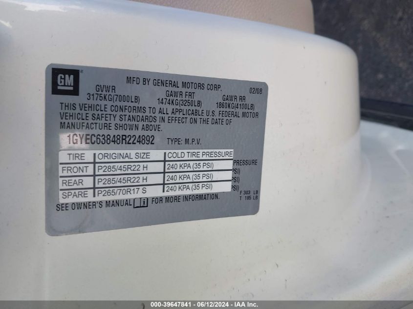 2008 Cadillac Escalade Standard VIN: 1GYEC63848R224892 Lot: 39647841