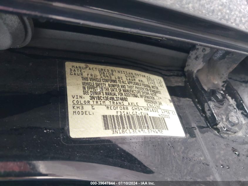 2009 Nissan Versa 1.8Sl VIN: 3N1BC13E49L374692 Lot: 39647844