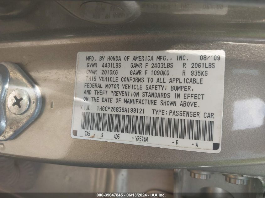 2009 Honda Accord 2.4 Ex-L VIN: 1HGCP26839A199121 Lot: 39647845