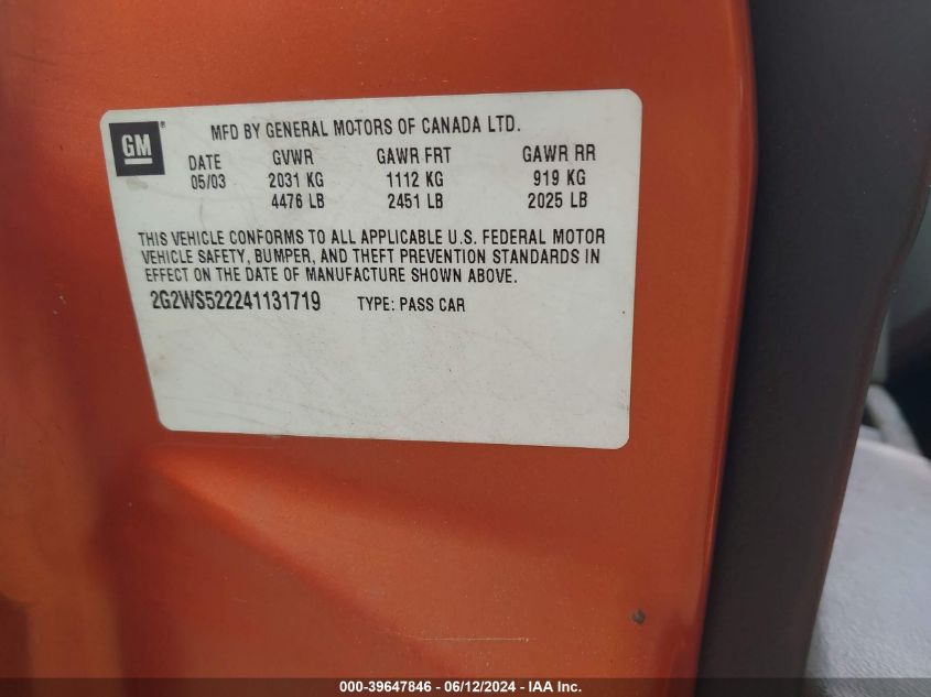 2004 Pontiac Grand Prix Gt2 VIN: 2G2WS522241131719 Lot: 39647846