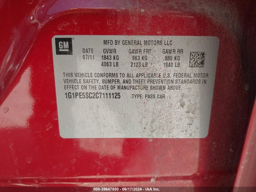 2012 Chevrolet Cruze Lt VIN: 1G1PE5SC2C7111125 Lot: 39647850