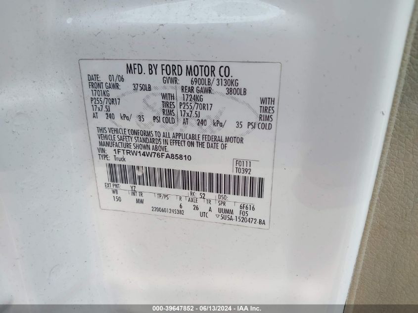 2006 Ford F-150 Xlt VIN: 1FTRW14W76FA85810 Lot: 39647852