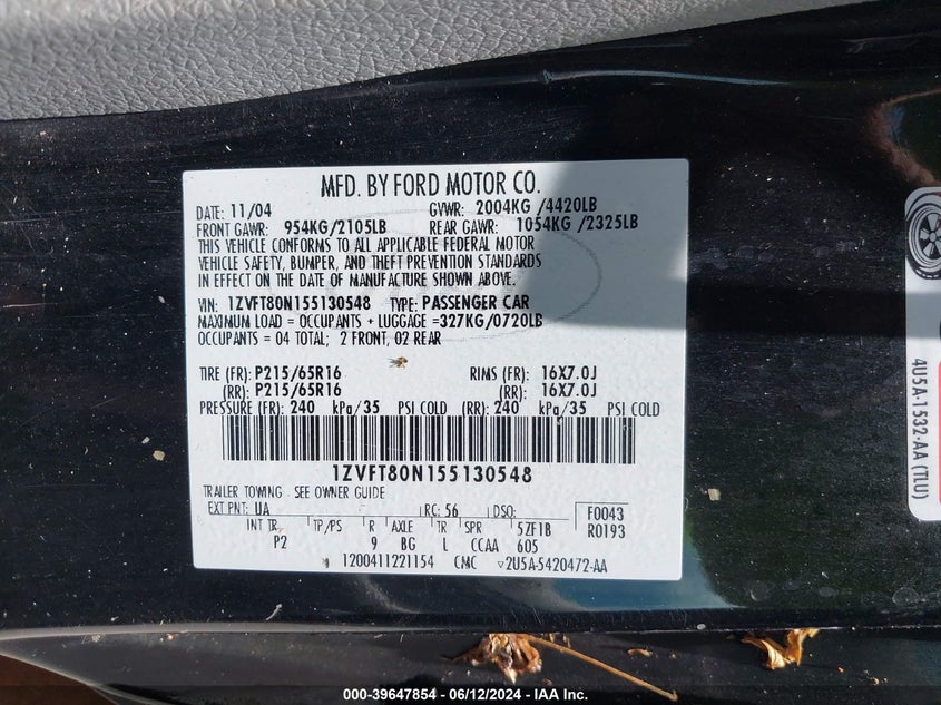 2005 Ford Mustang V6 Deluxe/V6 Premium VIN: 1ZVFT80N155130548 Lot: 39647854