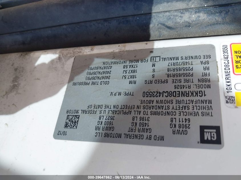 2012 GMC Acadia Sl VIN: 1GKKRNED8CJ423550 Lot: 39647862