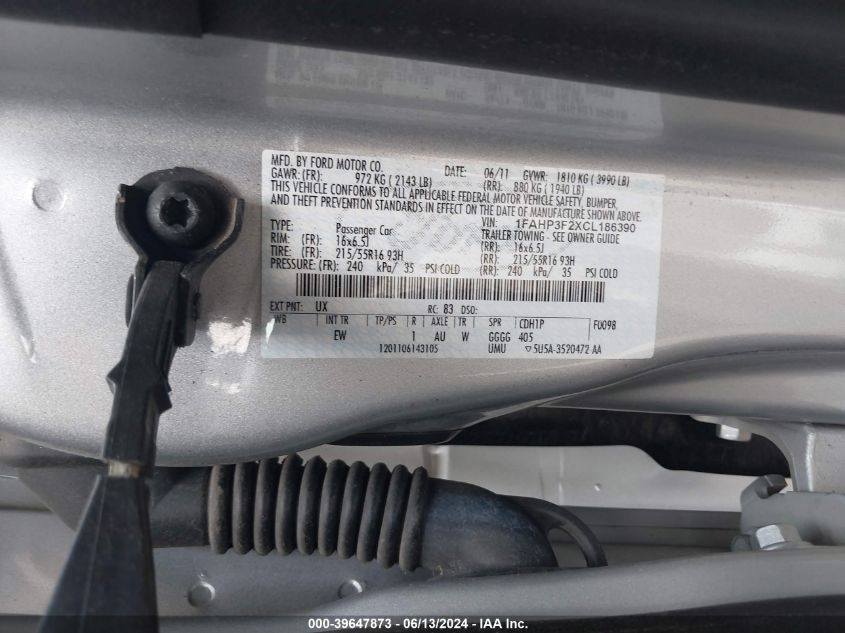 2012 Ford Focus Se VIN: 1FAHP3F2XCL186390 Lot: 39647873