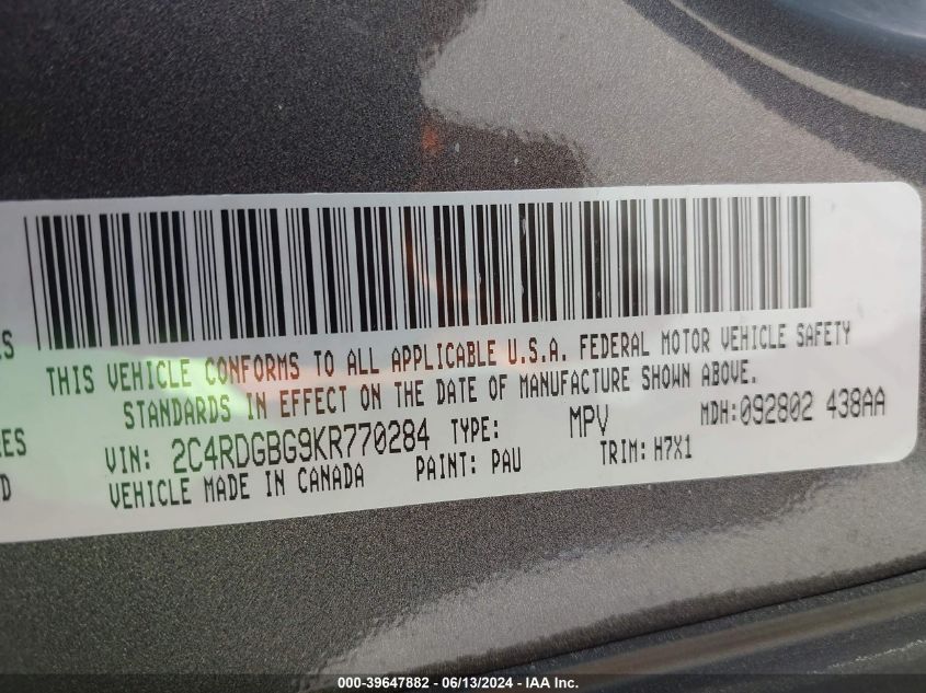 2019 Dodge Grand Caravan Se VIN: 2C4RDGBG9KR770284 Lot: 39647882