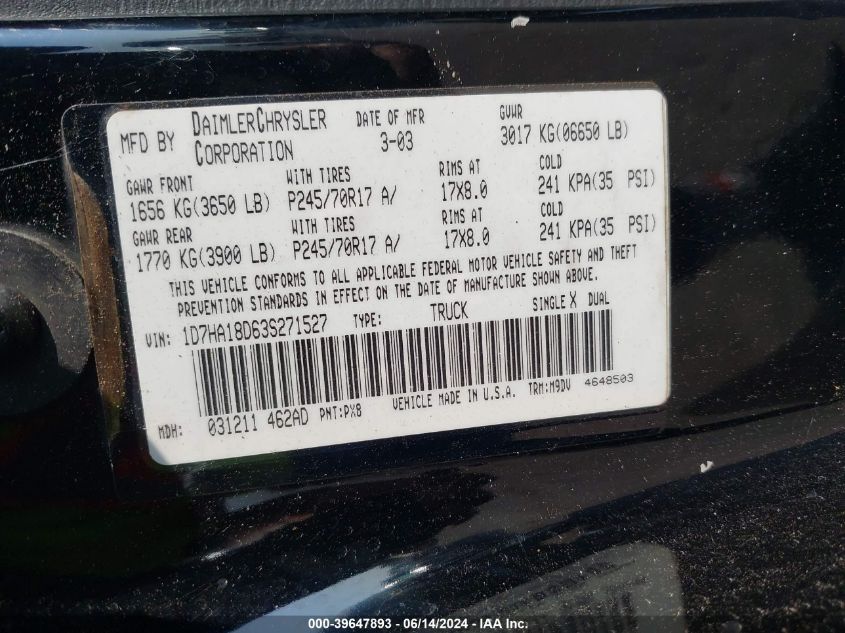 2003 Dodge Ram 1500 Slt/Laramie/St VIN: 1D7HA18D63S271527 Lot: 39647893