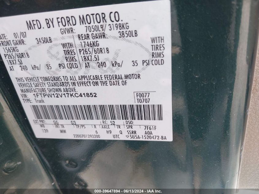 2007 Ford F-150 Lariat/Xlt VIN: 1FTPW12V17KC41852 Lot: 39647894