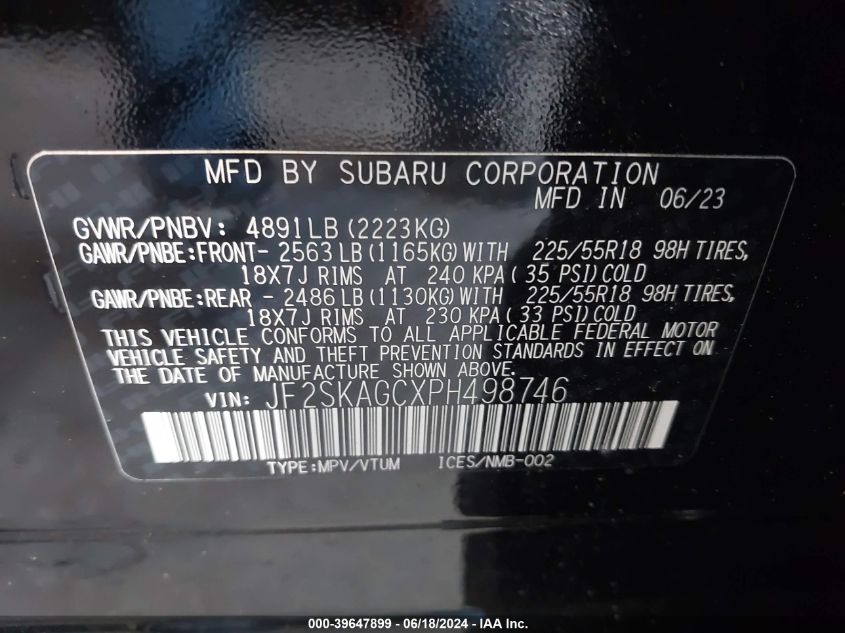 2023 Subaru Forester Sport VIN: JF2SKAGCXPH498746 Lot: 39647899