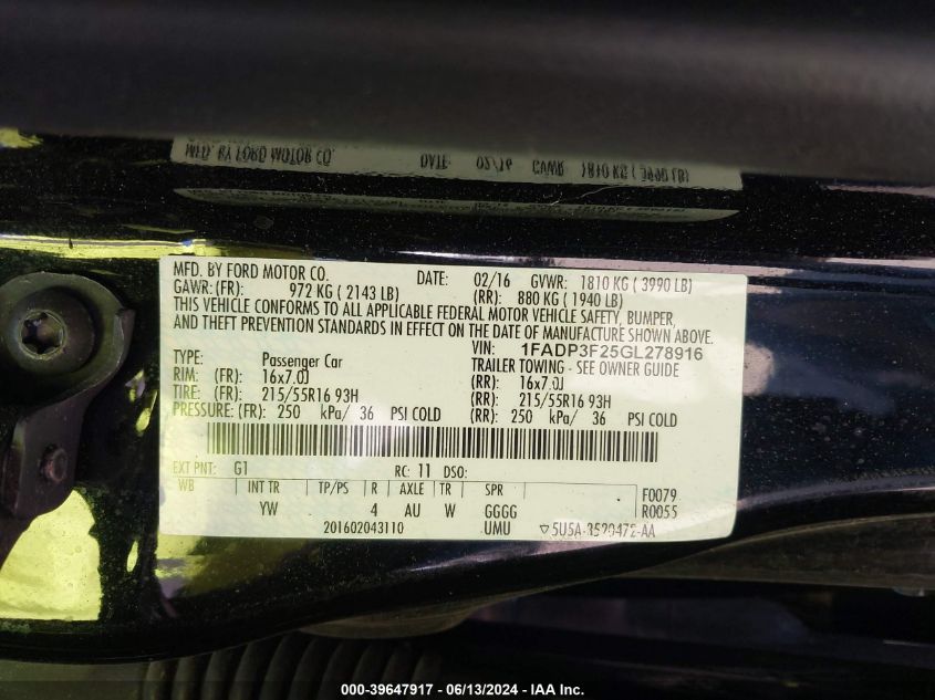 2016 FORD FOCUS SE - 1FADP3F25GL278916