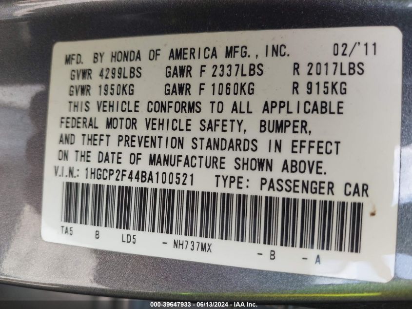 2011 Honda Accord 2.4 Lx-P VIN: 1HGCP2F44BA100521 Lot: 39647933