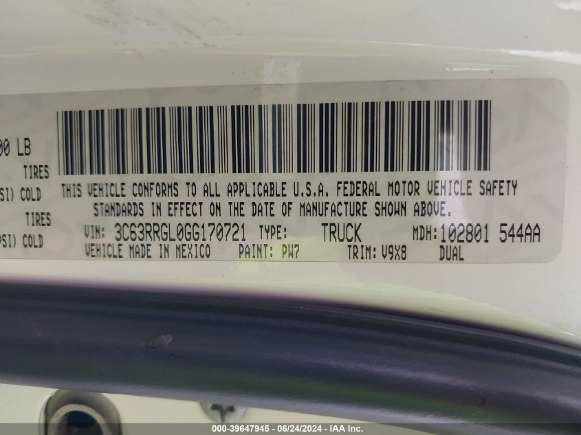2016 Ram 3500 Tradesman VIN: 3C63RRGL0GG170721 Lot: 39647945