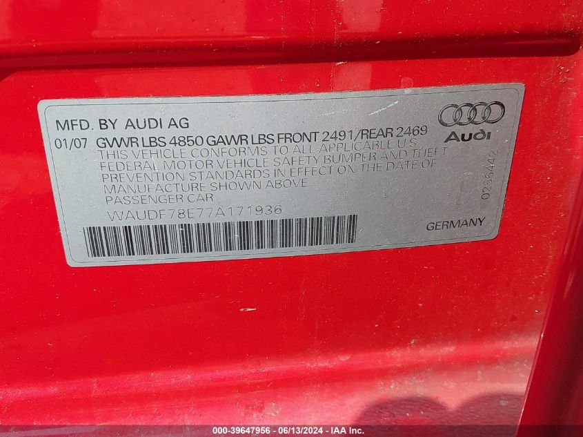 2007 Audi A4 2.0T VIN: WAUDF78E77A171936 Lot: 39647956