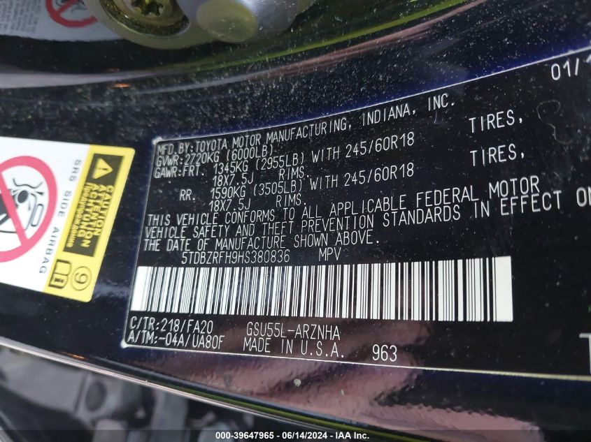 2017 Toyota Highlander Le Plus VIN: 5TDBZRFH9HS380836 Lot: 39647965