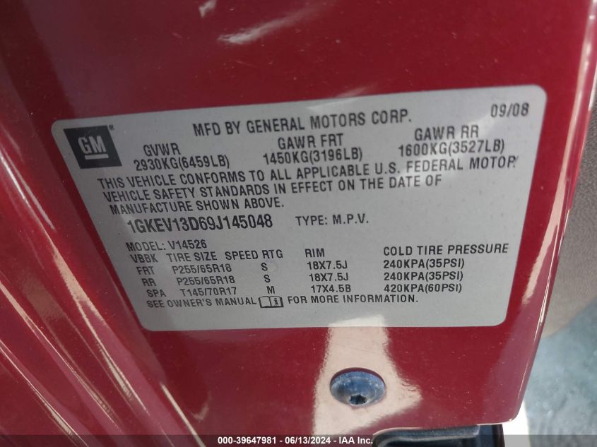 2009 GMC Acadia Sle-1 VIN: 1GKEV13D69J145048 Lot: 39647981