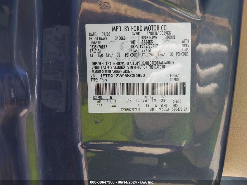 2006 Ford F-150 Stx/Xl/Xlt VIN: 1FTRX12W96KC85983 Lot: 39647986