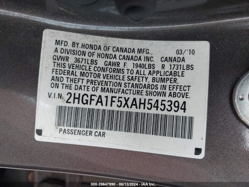 2010 Honda Civic Lx VIN: 2HGFA1F5XAH545394 Lot: 39647990
