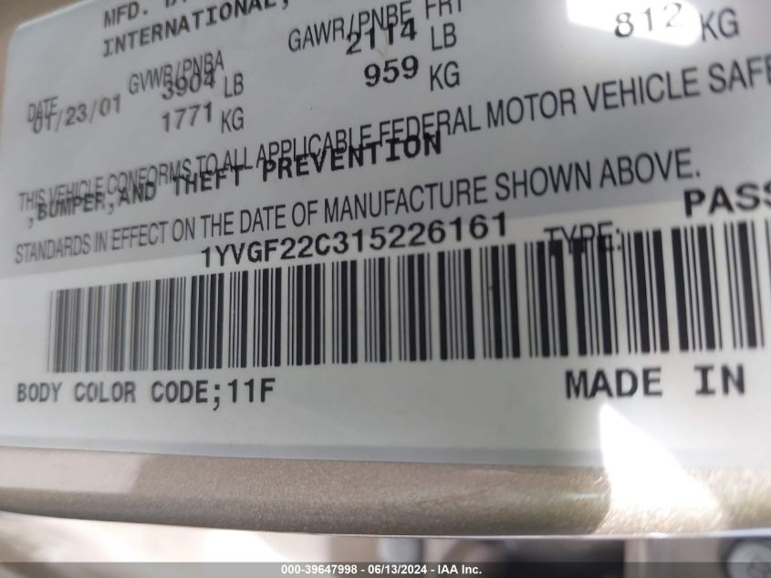 2001 Mazda 626 Es/Lx VIN: 1YVGF22C315226161 Lot: 39647998