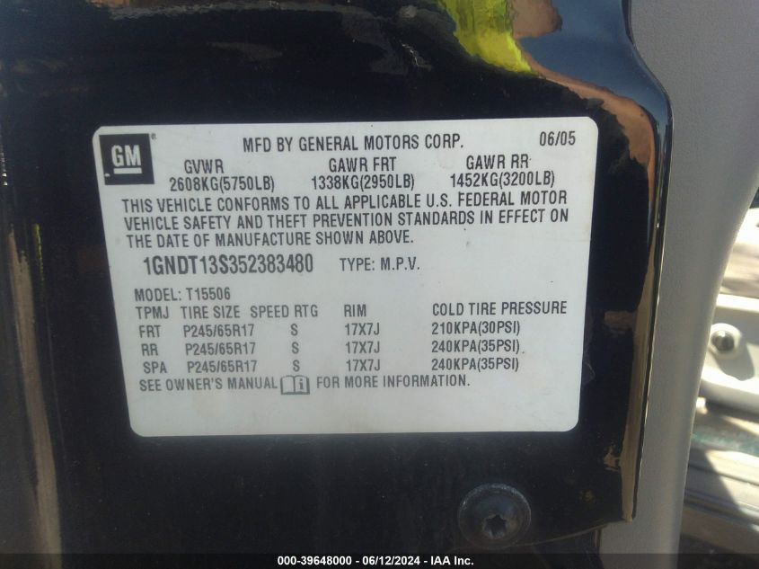 2005 Chevrolet Trailblazer Ls VIN: 1GNDT13S352383480 Lot: 39648000