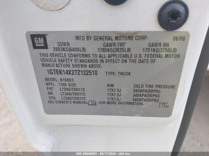 2007 GMC Sierra 1500 Classic Work Truck VIN: 1GTEK14X27Z122510 Lot: 39648003