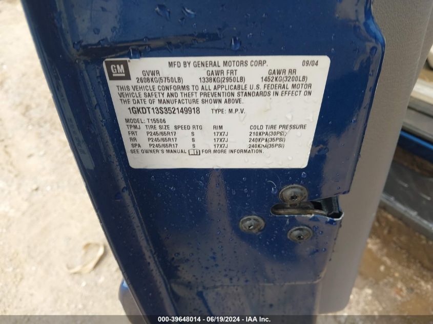 2005 GMC Envoy Slt VIN: 1GKDT13S352149918 Lot: 39648014
