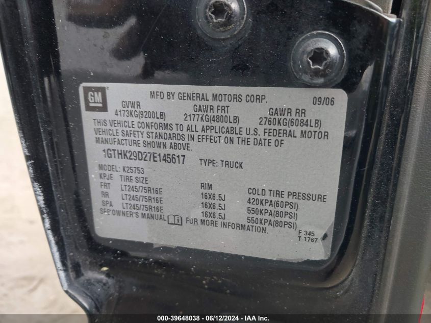 2007 GMC Sierra 2500Hd Classic Sle1 VIN: 1GTHK29D27E145617 Lot: 39648038