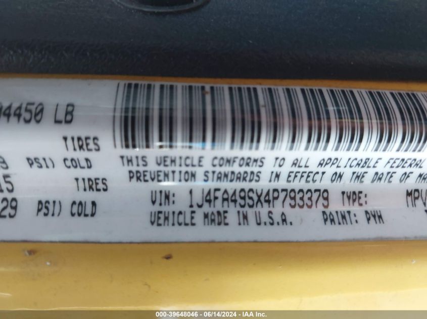 2004 Jeep Wrangler Sport VIN: 1J4FA49SX4P793379 Lot: 39648046