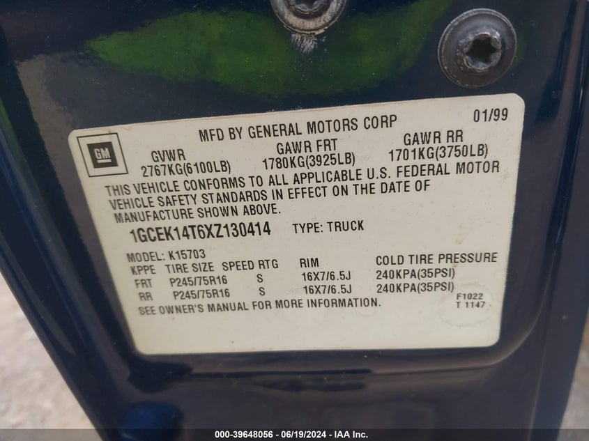 1999 Chevrolet Silverado 1500 Ls VIN: 1GCEK14T6XZ130414 Lot: 39648056