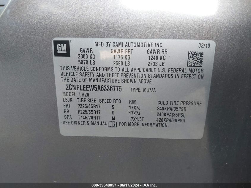 2010 Chevrolet Equinox Lt VIN: 2CNFLEEW5A6336775 Lot: 39648057