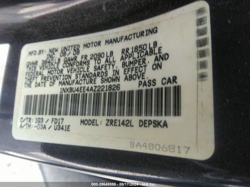 2010 Toyota Corolla S VIN: 1NXBU4EE4AZ221826 Lot: 39648058