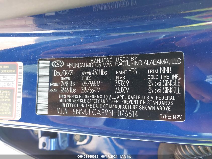 2022 Hyundai Tucson Sel VIN: 5NMJFCAE9NH076614 Lot: 39648062