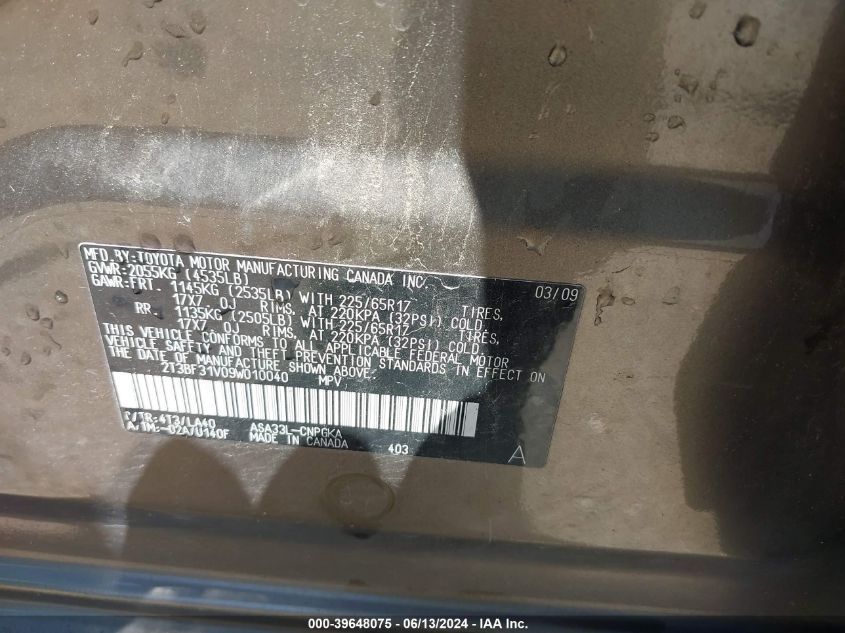 2009 Toyota Rav4 Limited VIN: 2T3BF31V09W010040 Lot: 39648075