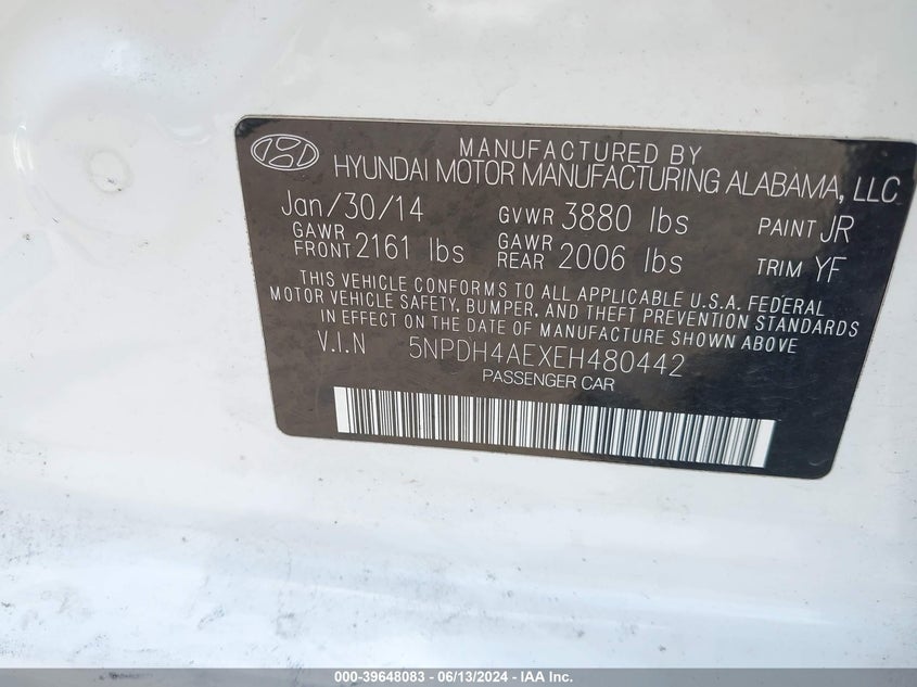 2014 Hyundai Elantra Se VIN: 5NPDH4AEXEH480442 Lot: 39648083
