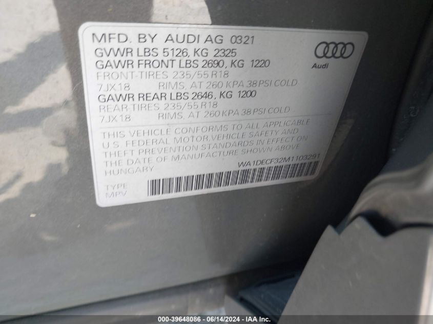 2021 Audi Q3 Premium 45 Tfsi S Line Quattro Tiptronic VIN: WA1DECF32M1103291 Lot: 39648086