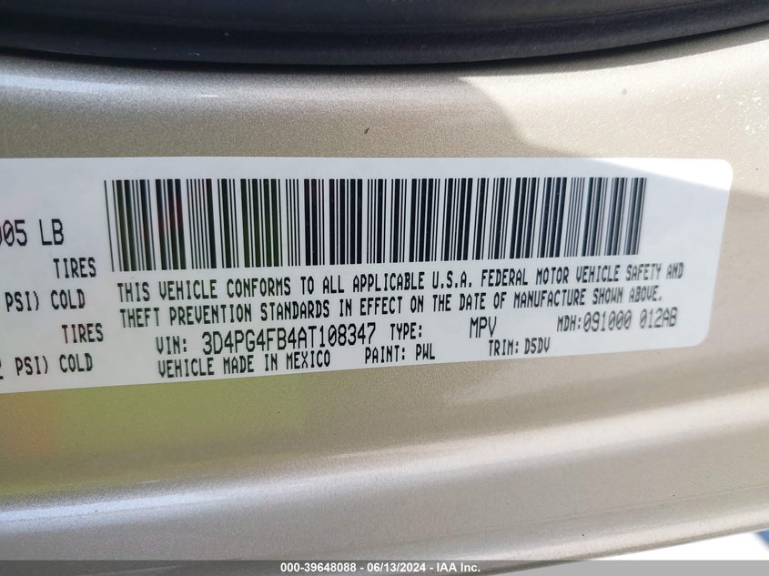 2010 Dodge Journey Se VIN: 3D4PG4FB4AT108347 Lot: 39648088