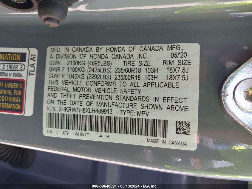 2020 Honda Cr-V 2Wd Ex-L VIN: 2HKRW1H8XLH409913 Lot: 39648091