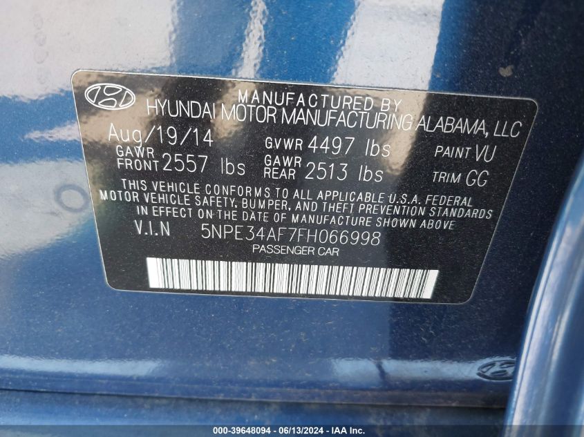 2015 Hyundai Sonata Sport VIN: 5NPE34AF7FH066998 Lot: 39648094