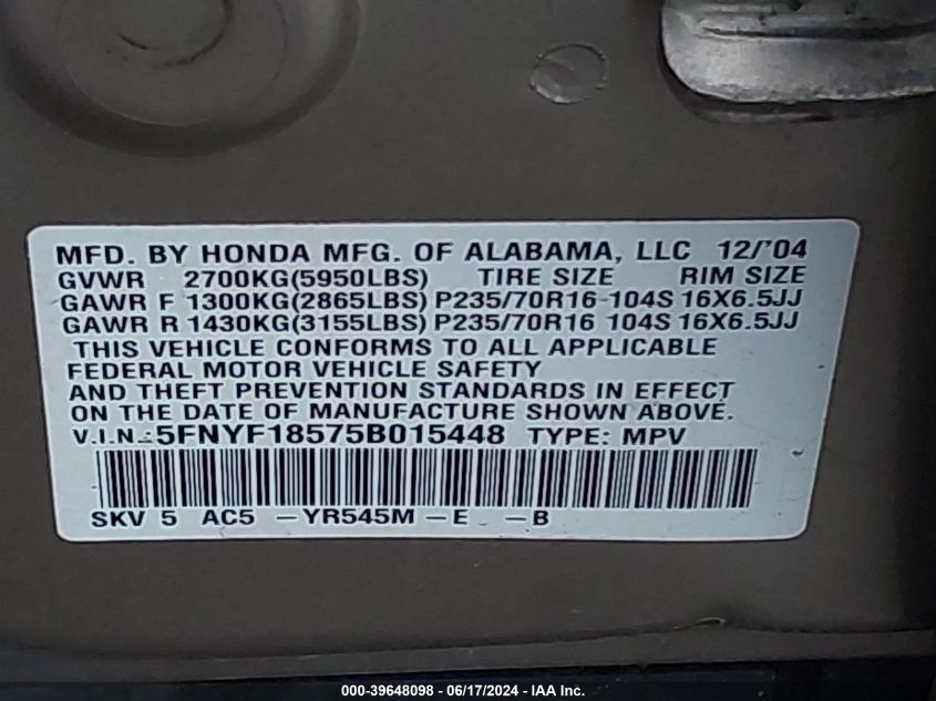 2005 Honda Pilot Ex-L VIN: 5FNYF18575B015448 Lot: 39648098